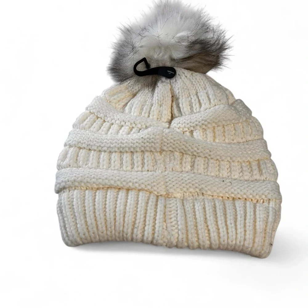 New!!!!! C.C Ivory warm Knit Beanie winter outdoor hat with Faux Fur Pom Pom